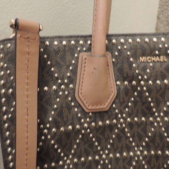 Michael Kors Studded Signature Tote Satchel Crossbody Brown Tan Logo Bag - Picture 3 of 11